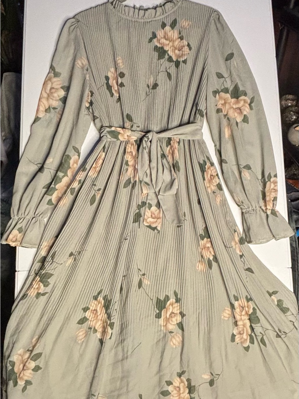 Pleated Sage Floral Long-Sleeve Dress